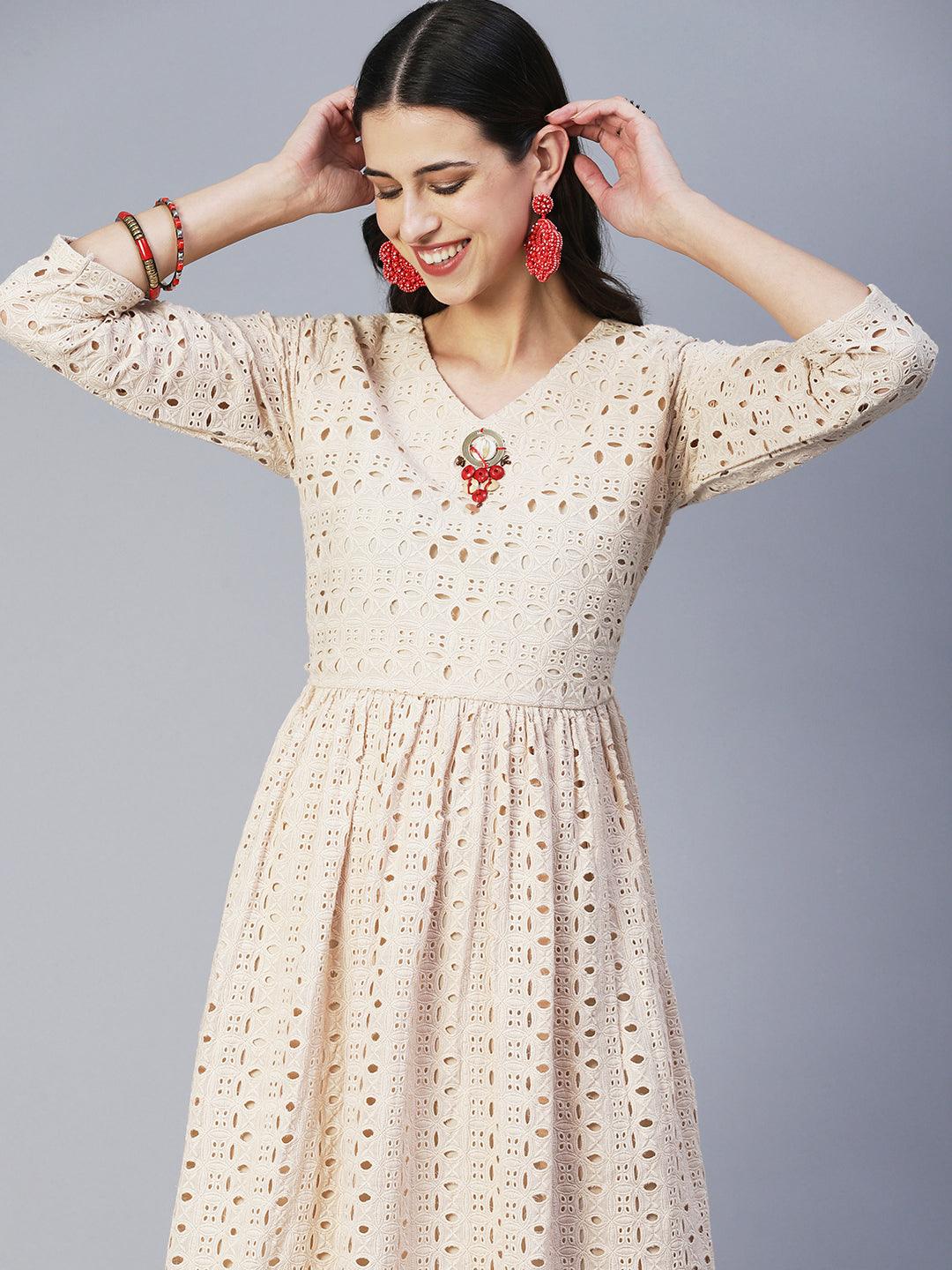 Solid Schiffili Embroidered Dress - Beige - Indiakreations