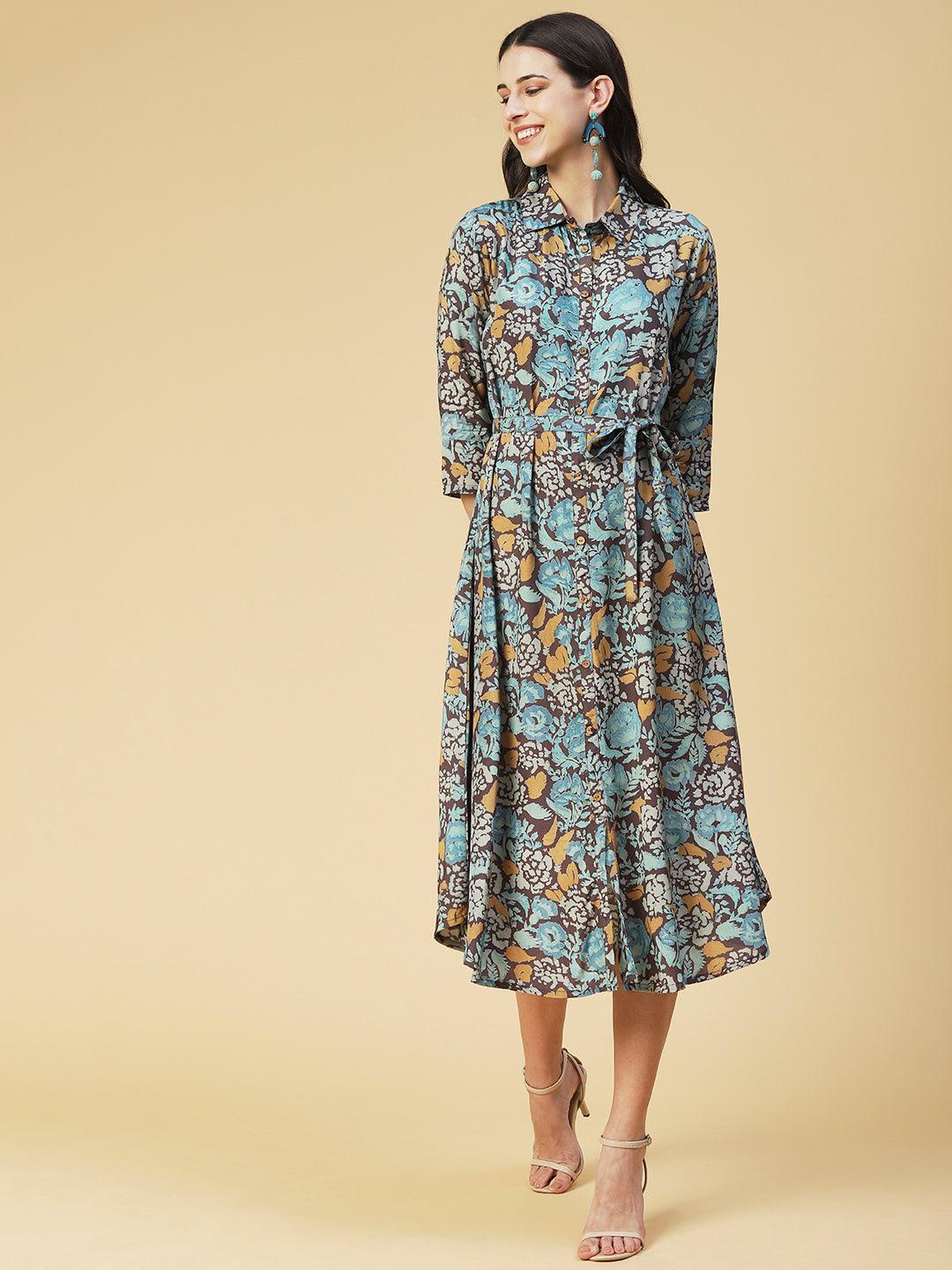 Abstract Printed A-line Dress With Belt - Multi - Indiakreations