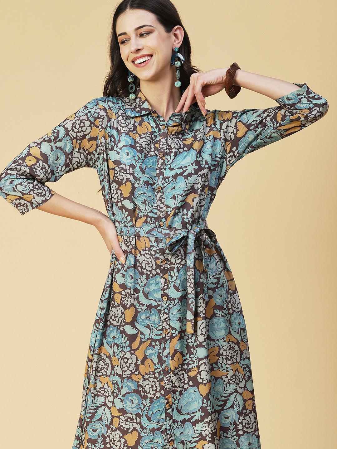 Abstract Printed A-line Dress With Belt - Multi - Indiakreations