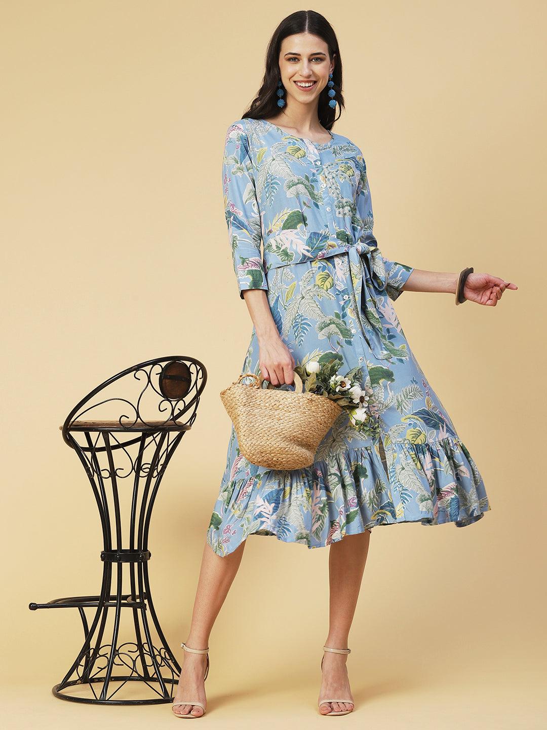 Tropical Floral Printed & Embroidered Belted A-line Dress - Blue - Indiakreations