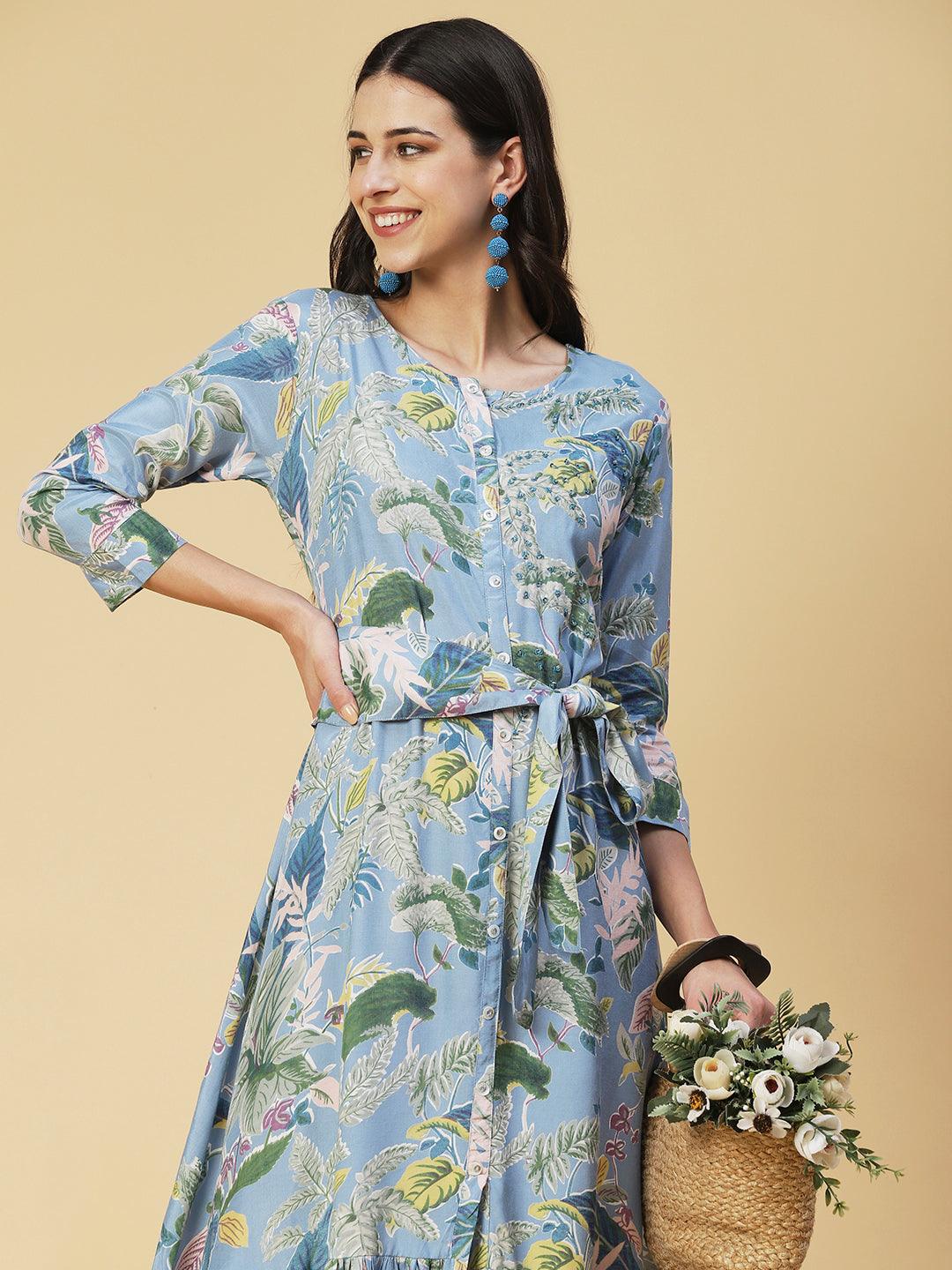 Tropical Floral Printed & Embroidered Belted A-line Dress - Blue - Indiakreations