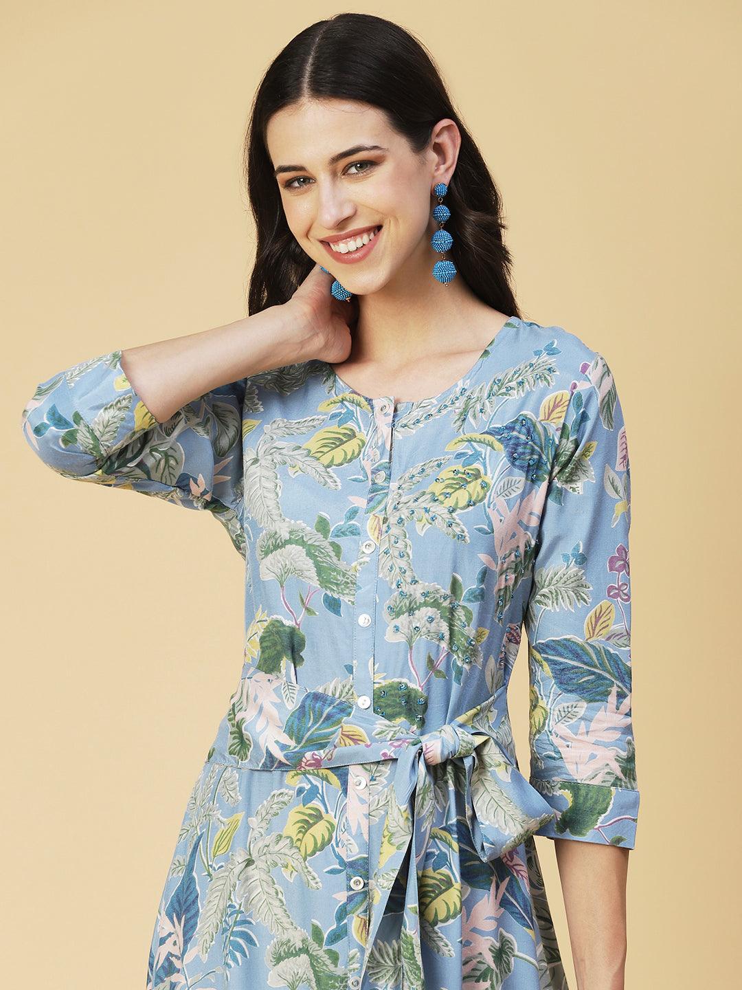 Tropical Floral Printed & Embroidered Belted A-line Dress - Blue - Indiakreations