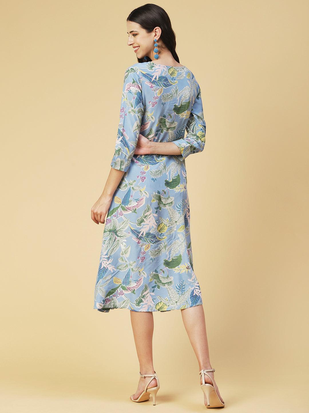 Tropical Floral Printed & Embroidered Belted A-line Dress - Blue - Indiakreations