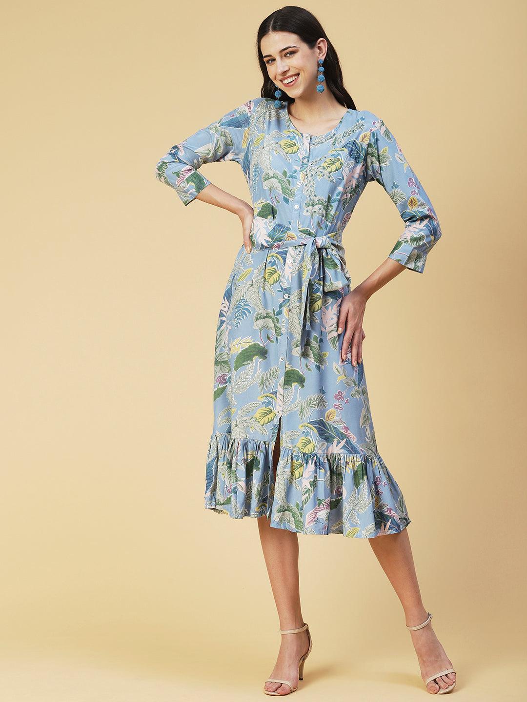 Tropical Floral Printed & Embroidered Belted A-line Dress - Blue - Indiakreations