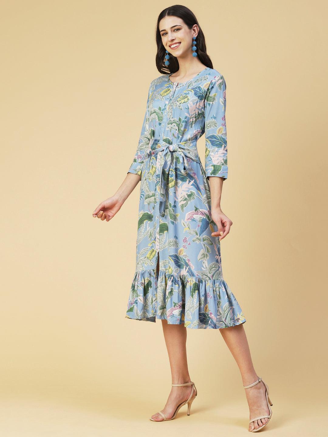 Tropical Floral Printed & Embroidered Belted A-line Dress - Blue - Indiakreations