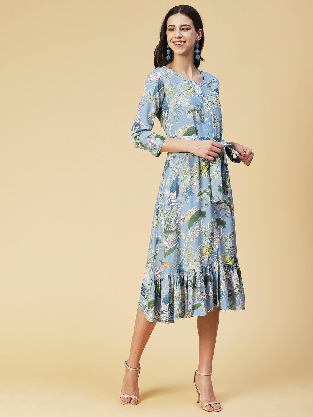 Tropical Floral Printed & Embroidered Belted A-line Dress - Blue - Indiakreations