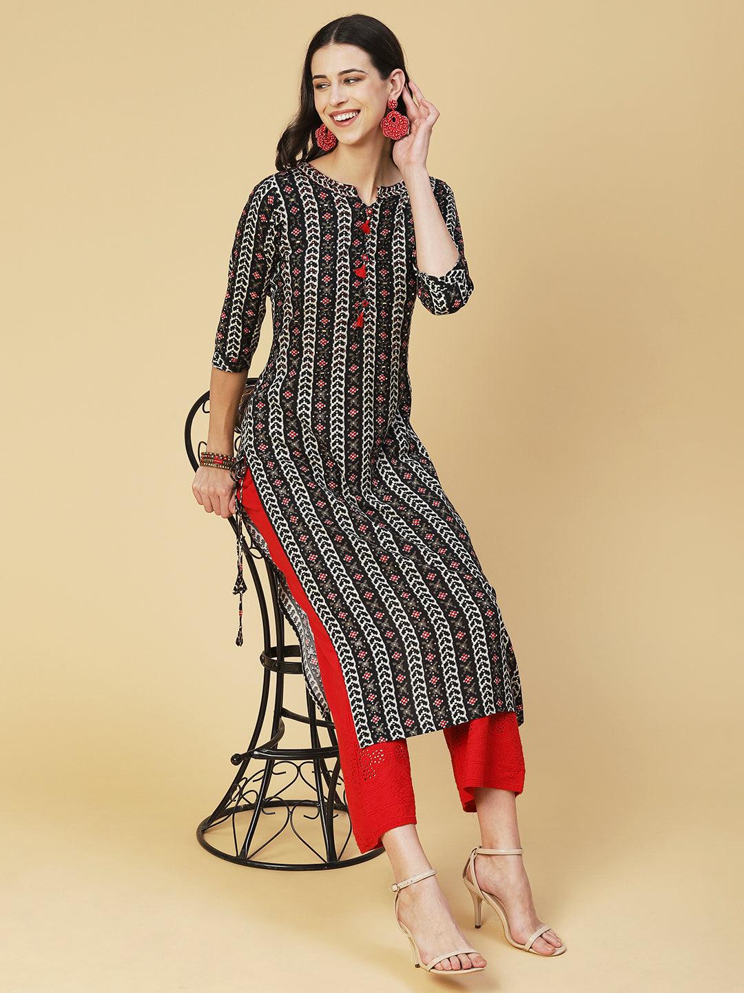 Abstract Printed Beaded Kurta - Black - Indiakreations