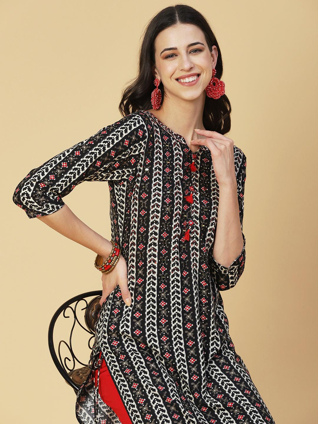 Abstract Printed Beaded Kurta - Black - Indiakreations