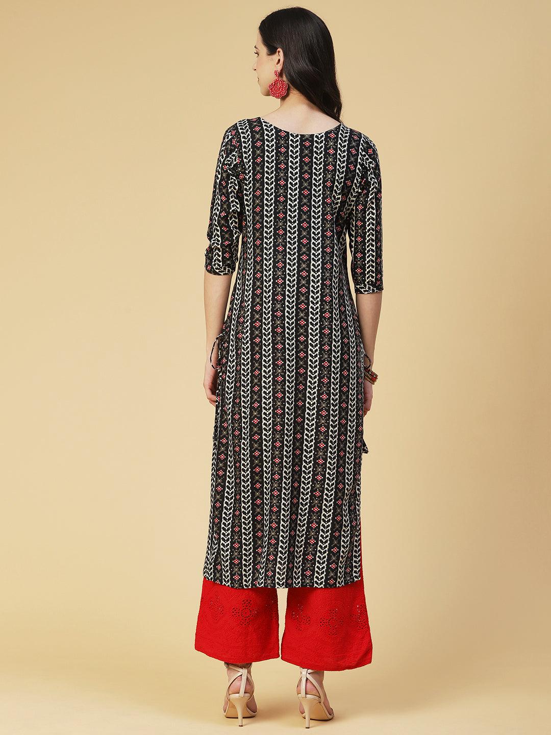 Abstract Printed Beaded Kurta - Black - Indiakreations