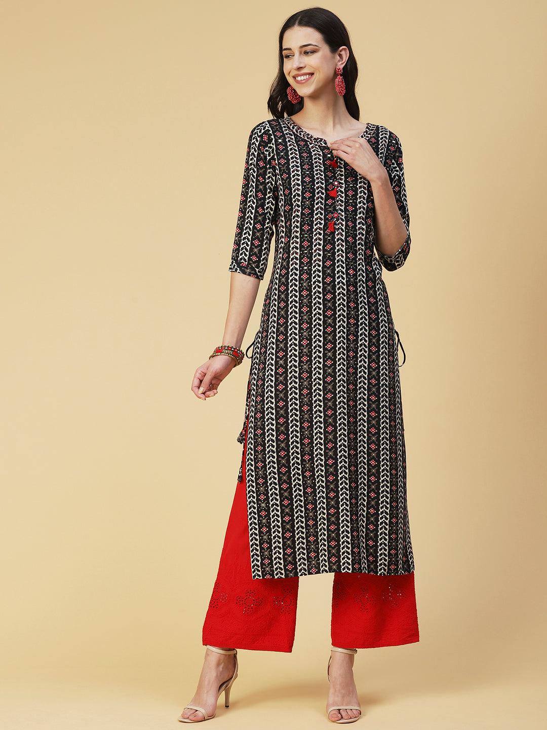 Abstract Printed Beaded Kurta - Black - Indiakreations