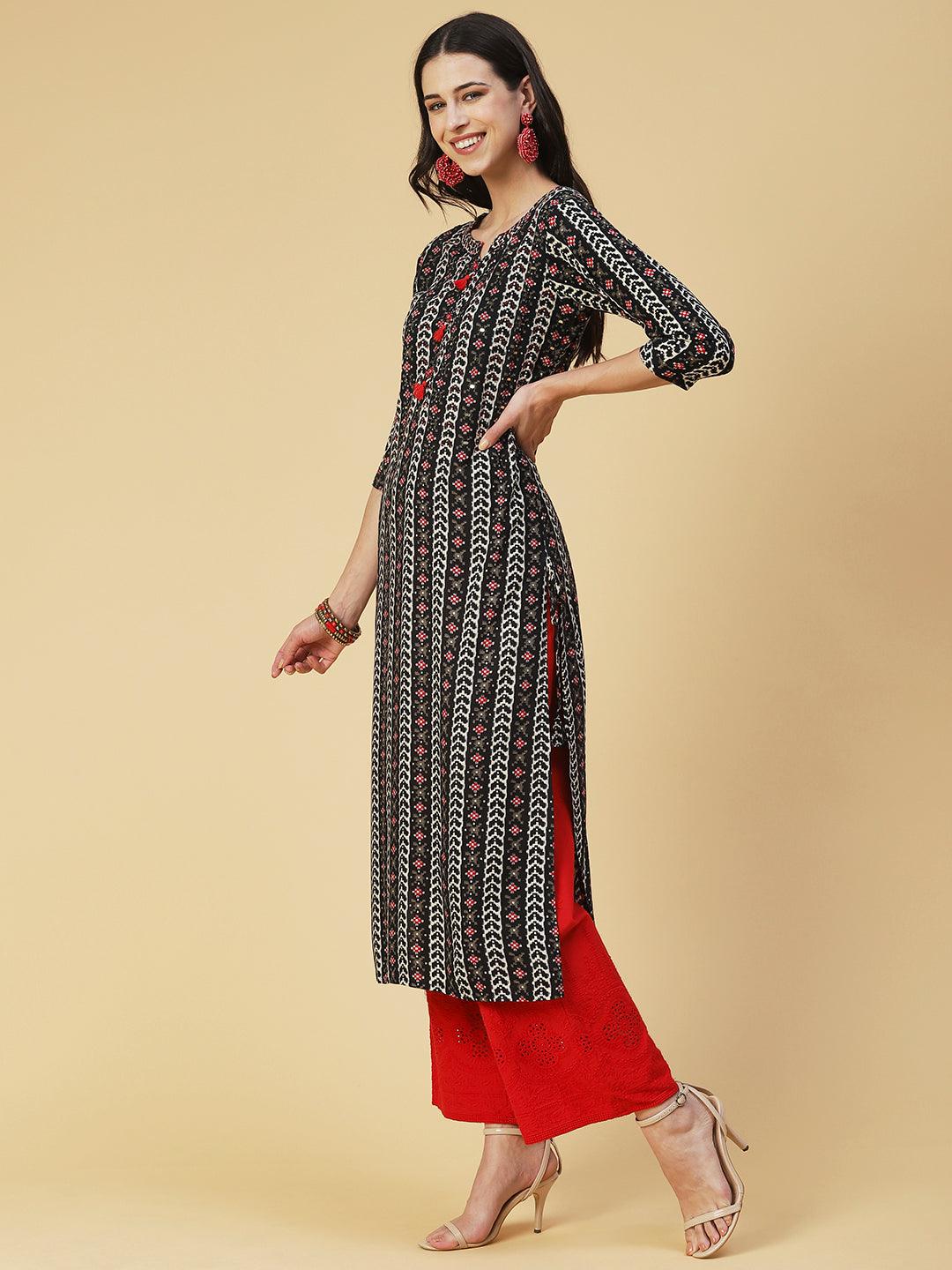 Abstract Printed Beaded Kurta - Black - Indiakreations