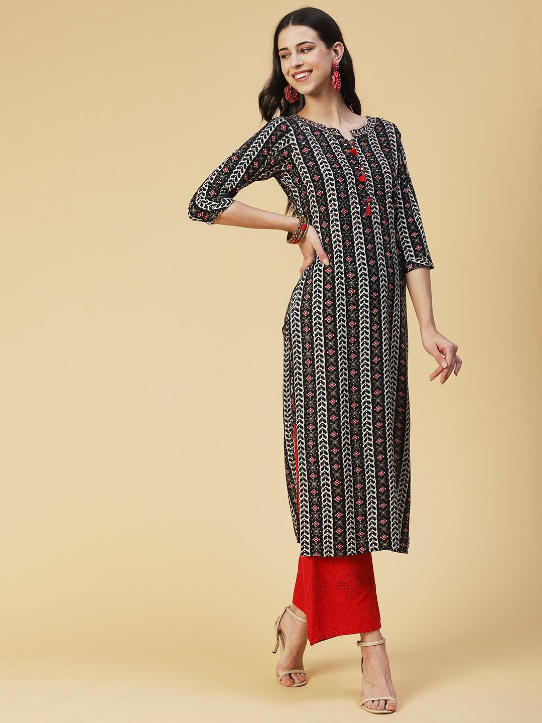 Abstract Printed Beaded Kurta - Black - Indiakreations