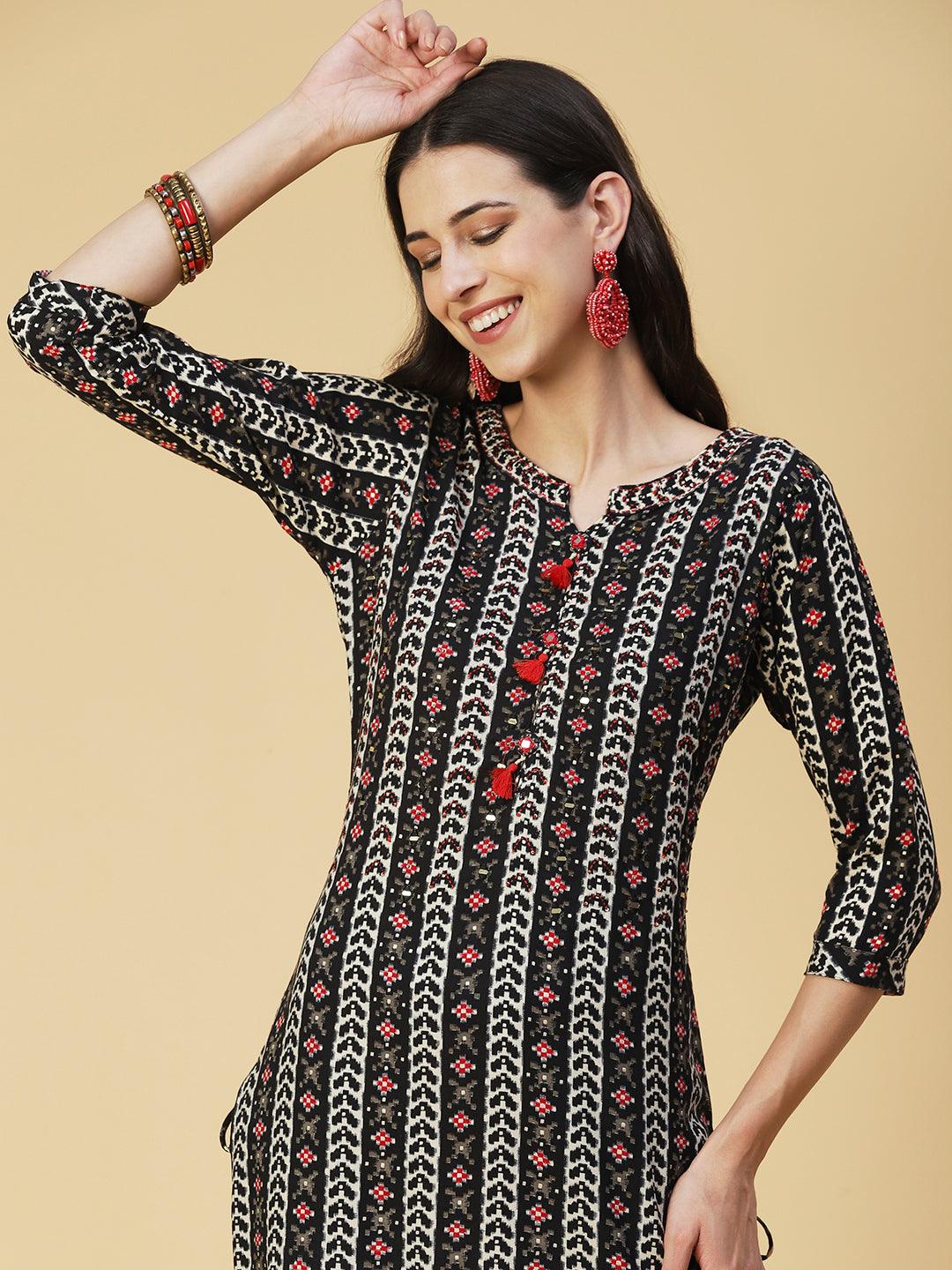 Abstract Printed Beaded Kurta - Black - Indiakreations