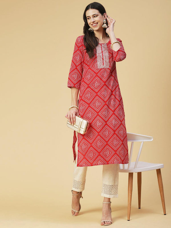 Bandhani Printed Zari & Sequins Embroidered Kurta - Red - Indiakreations