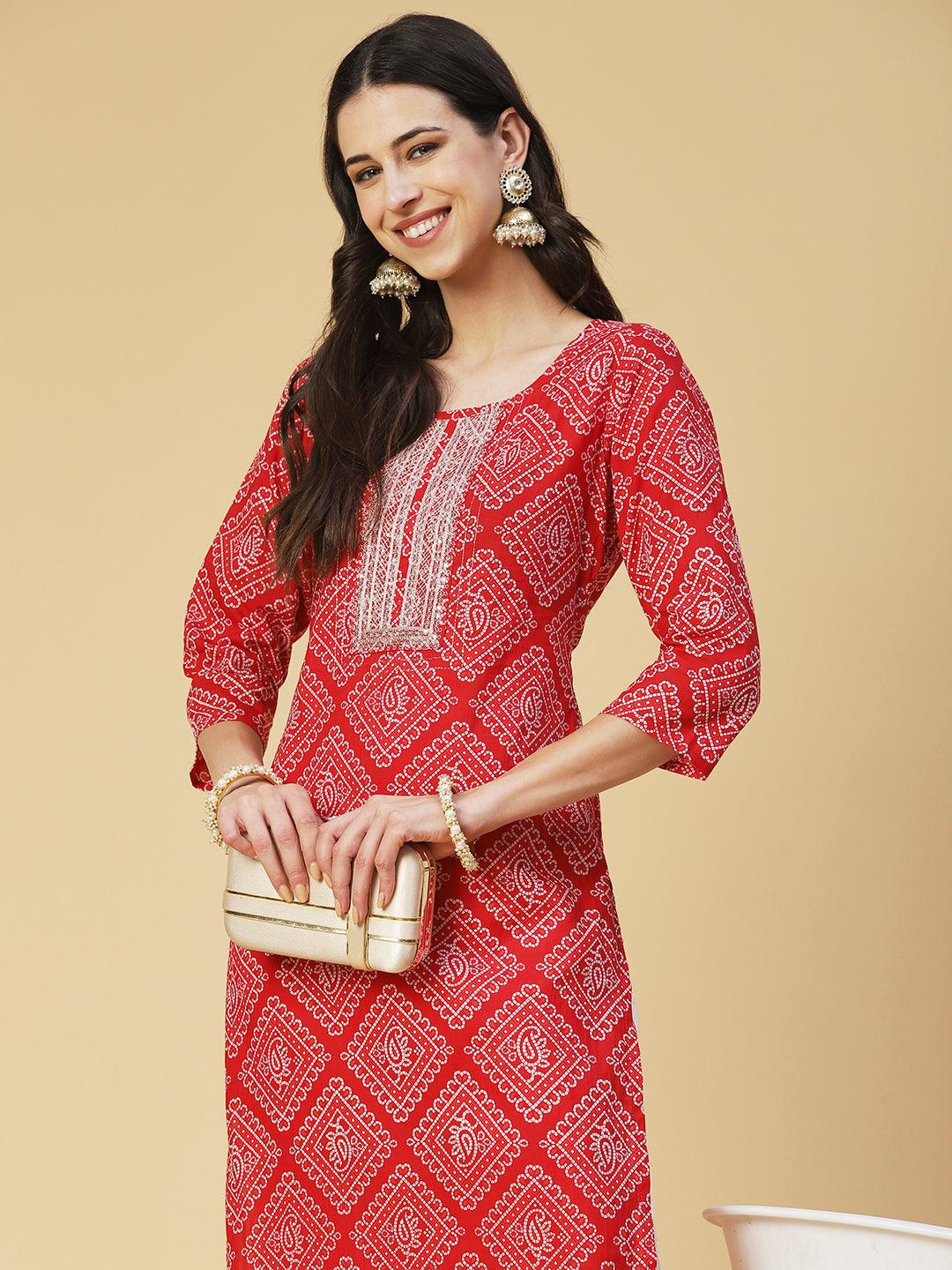 Bandhani Printed Zari & Sequins Embroidered Kurta - Red - Indiakreations