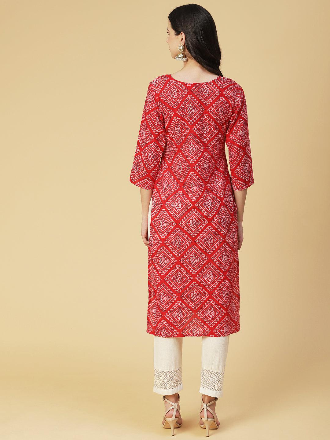 Bandhani Printed Zari & Sequins Embroidered Kurta - Red - Indiakreations