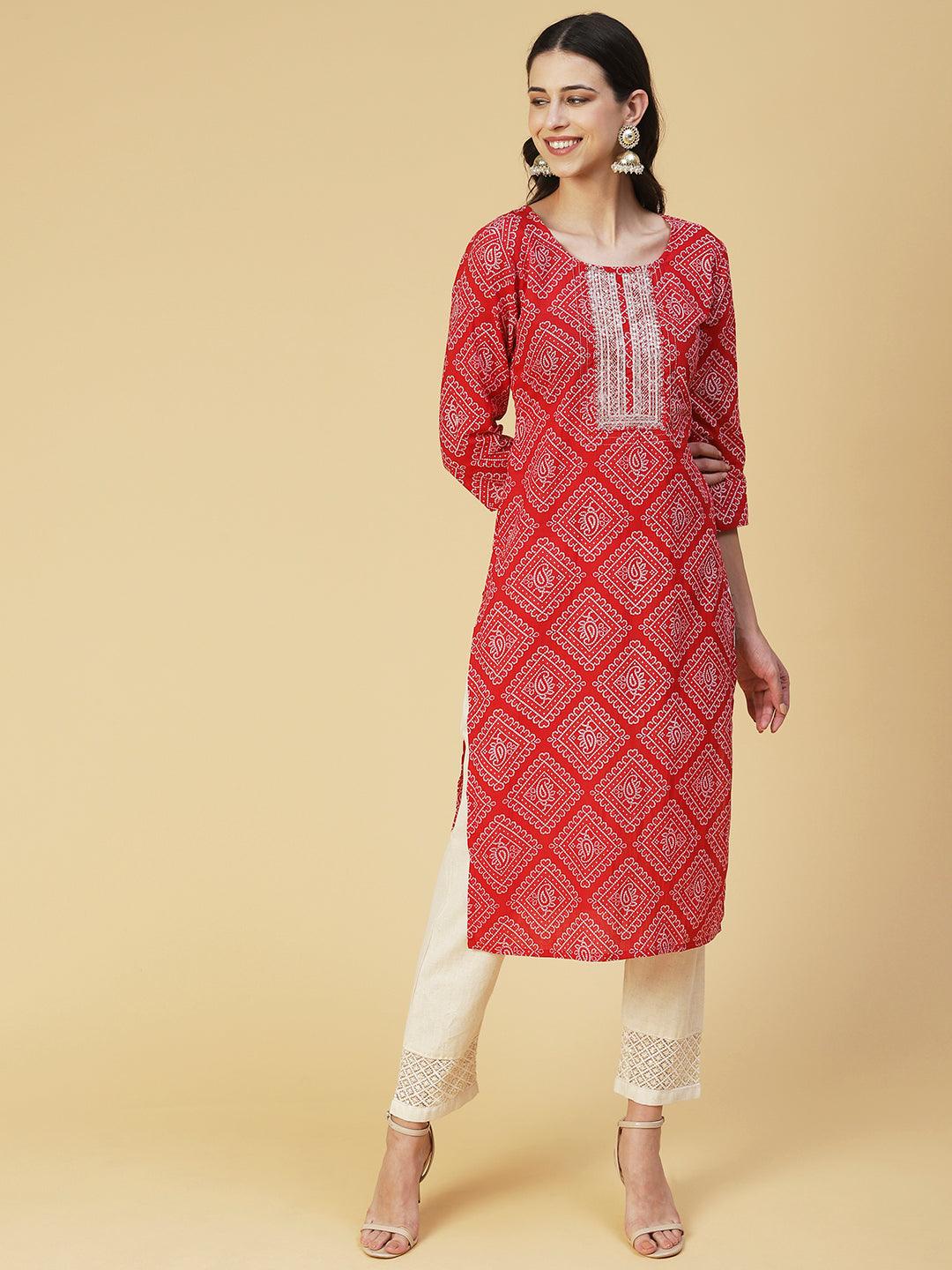 Bandhani Printed Zari & Sequins Embroidered Kurta - Red - Indiakreations