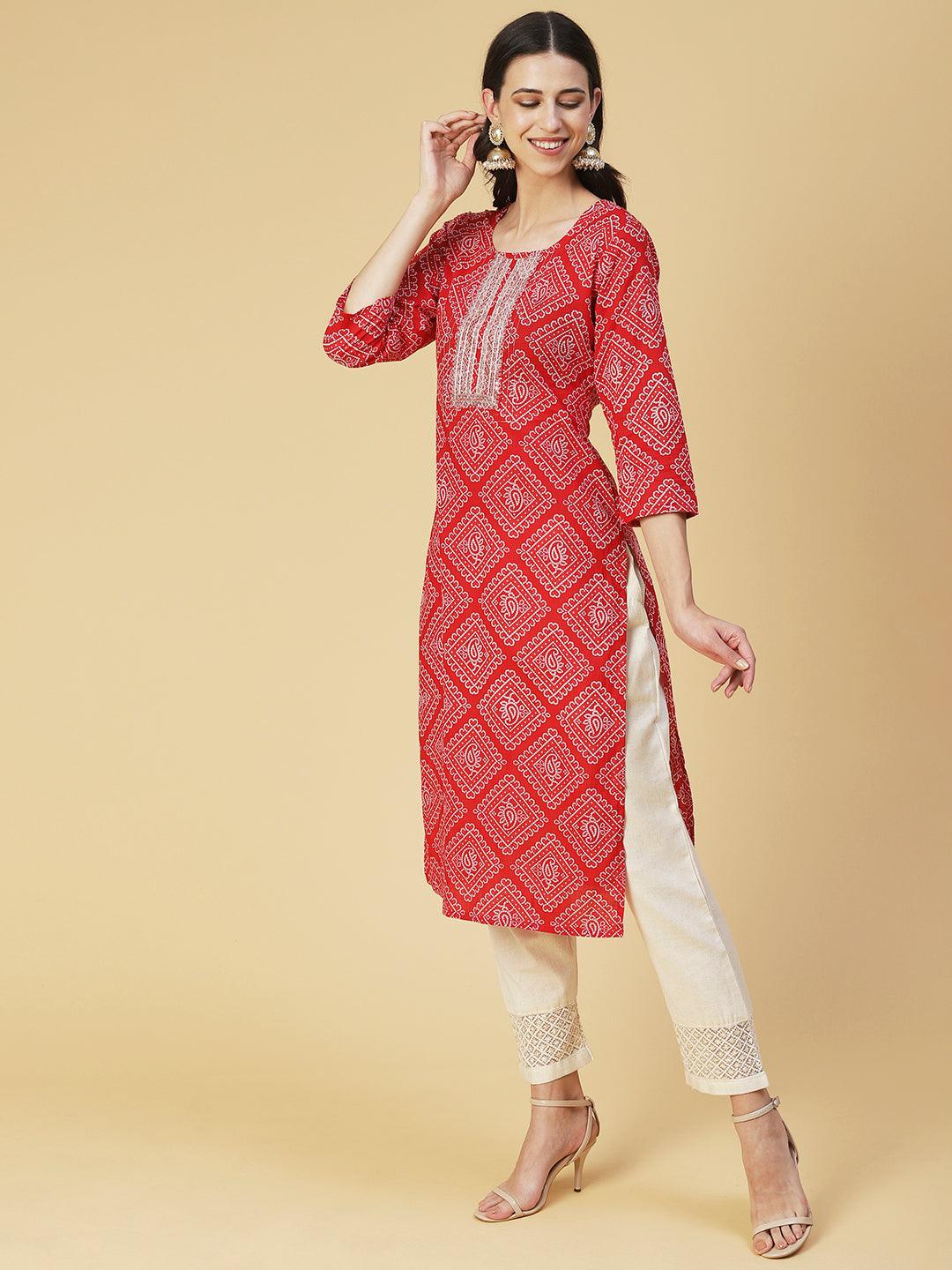 Bandhani Printed Zari & Sequins Embroidered Kurta - Red - Indiakreations