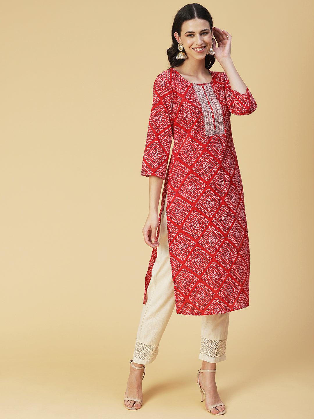 Bandhani Printed Zari & Sequins Embroidered Kurta - Red - Indiakreations