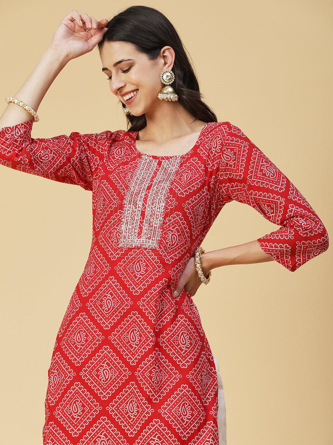 Bandhani Printed Zari & Sequins Embroidered Kurta - Red - Indiakreations