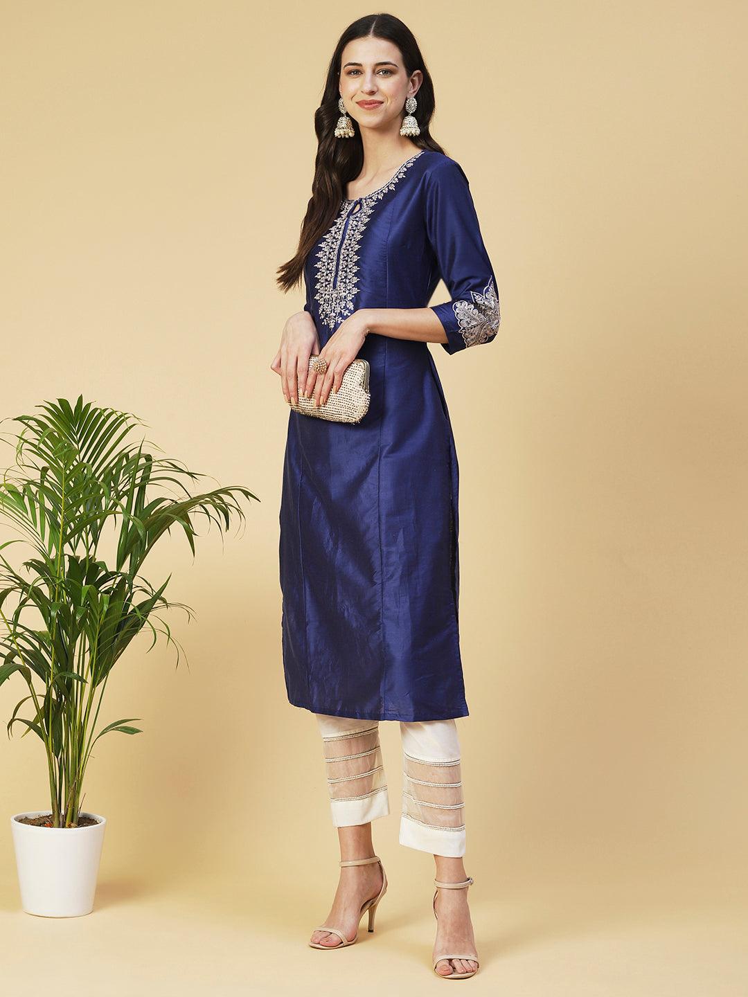 Solid Zari Embroidered Kurta - Blue - Indiakreations