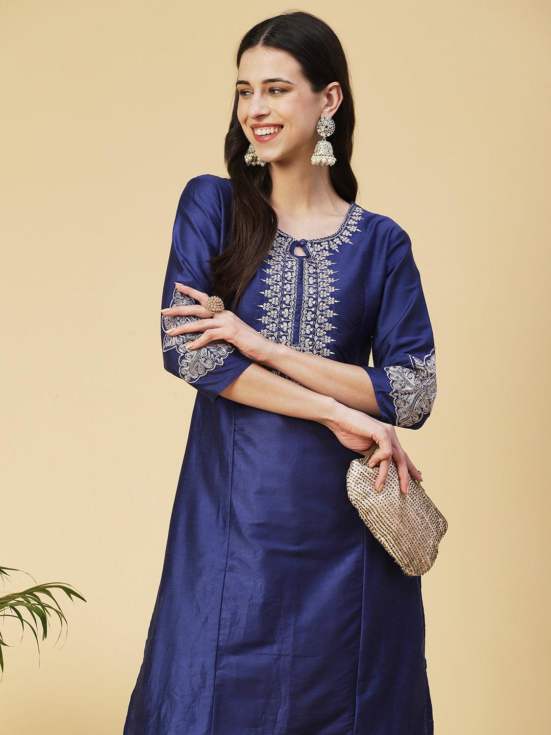 Solid Zari Embroidered Kurta - Blue - Indiakreations