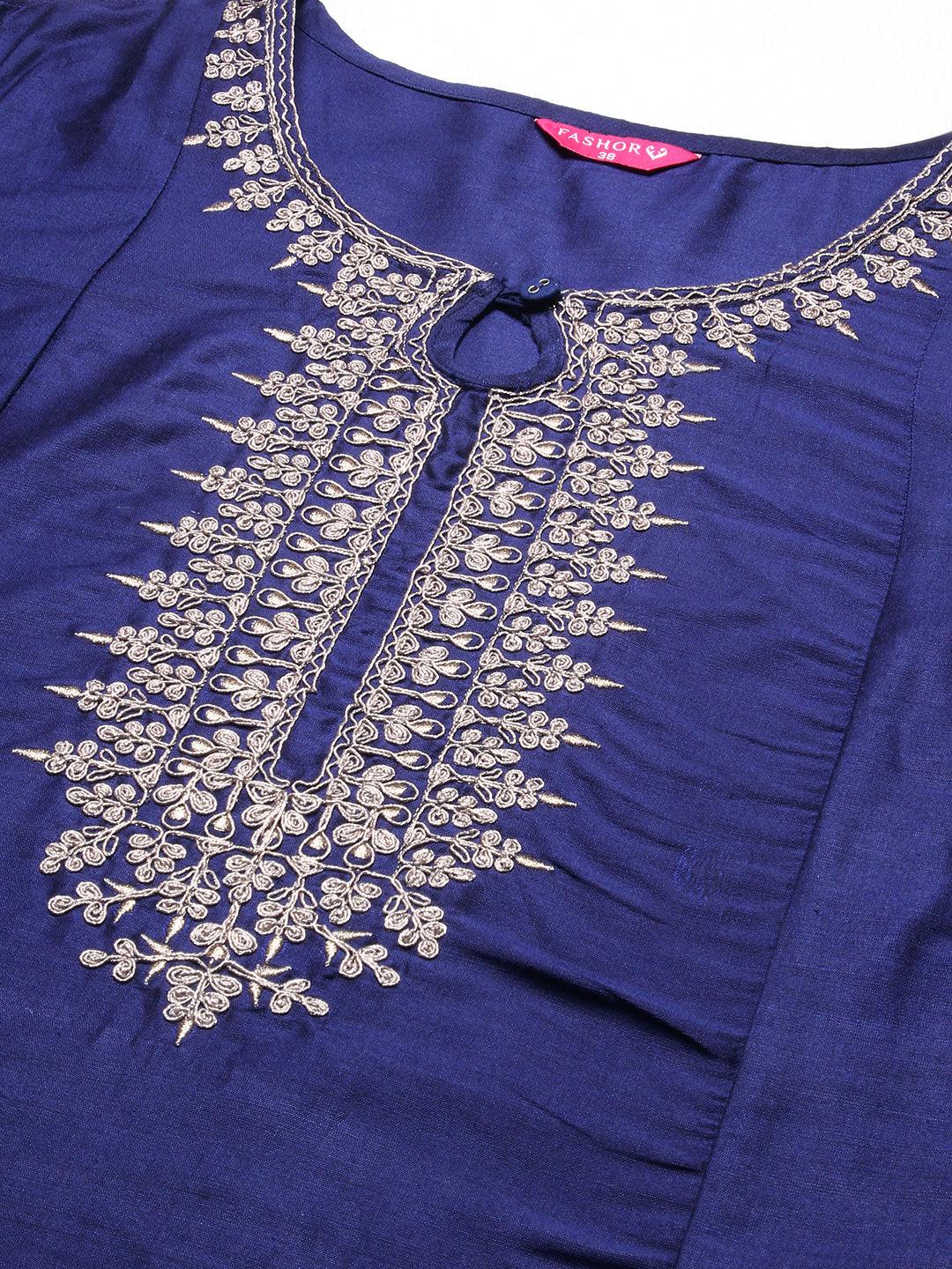 Solid Zari Embroidered Kurta - Blue - Indiakreations