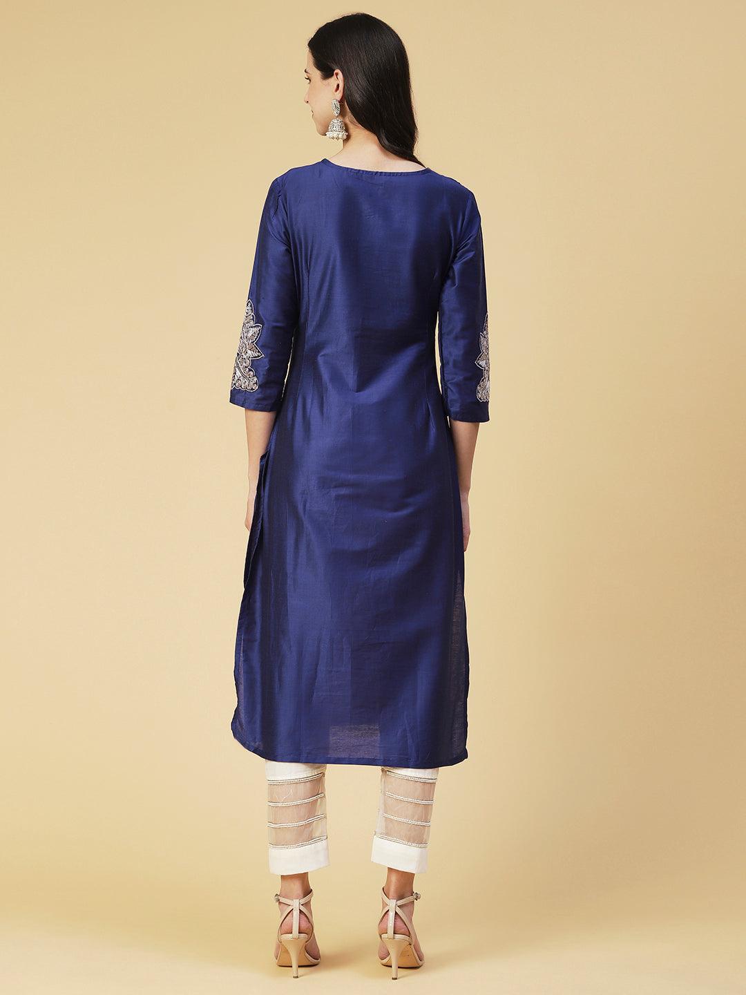 Solid Zari Embroidered Kurta - Blue - Indiakreations