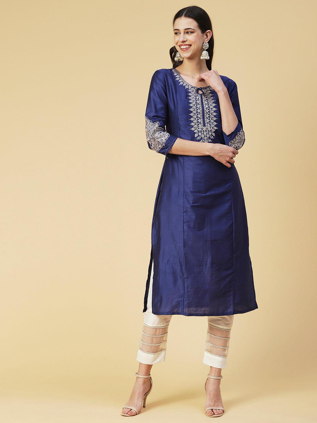 Solid Zari Embroidered Kurta - Blue - Indiakreations