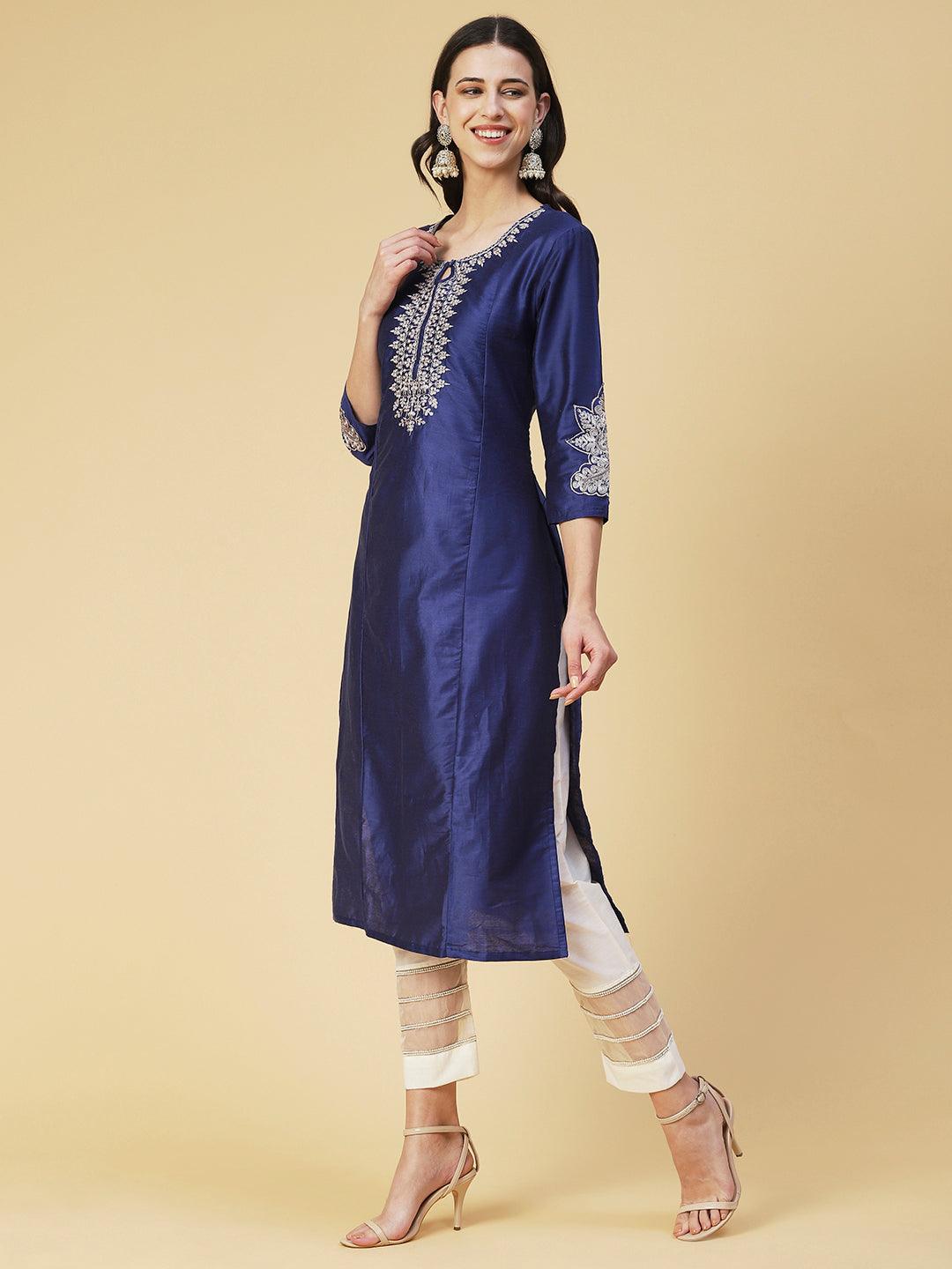 Solid Zari Embroidered Kurta - Blue - Indiakreations