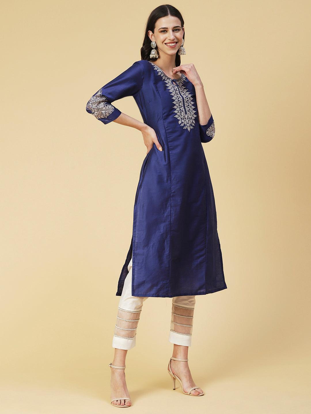 Solid Zari Embroidered Kurta - Blue - Indiakreations