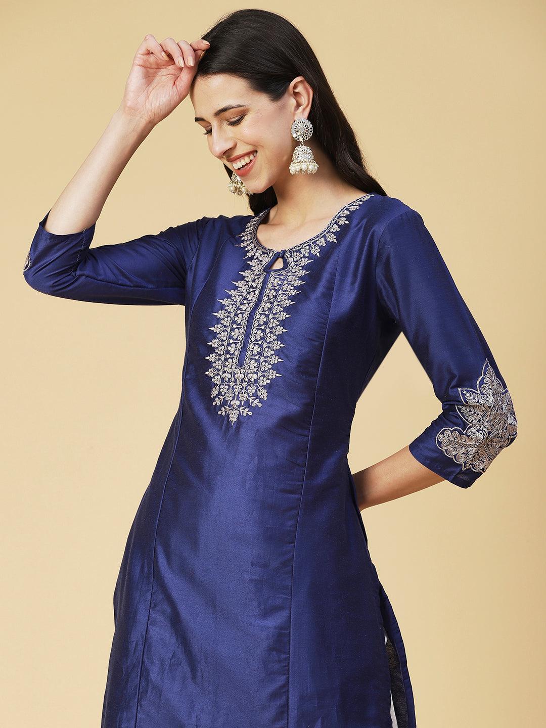 Solid Zari Embroidered Kurta - Blue - Indiakreations