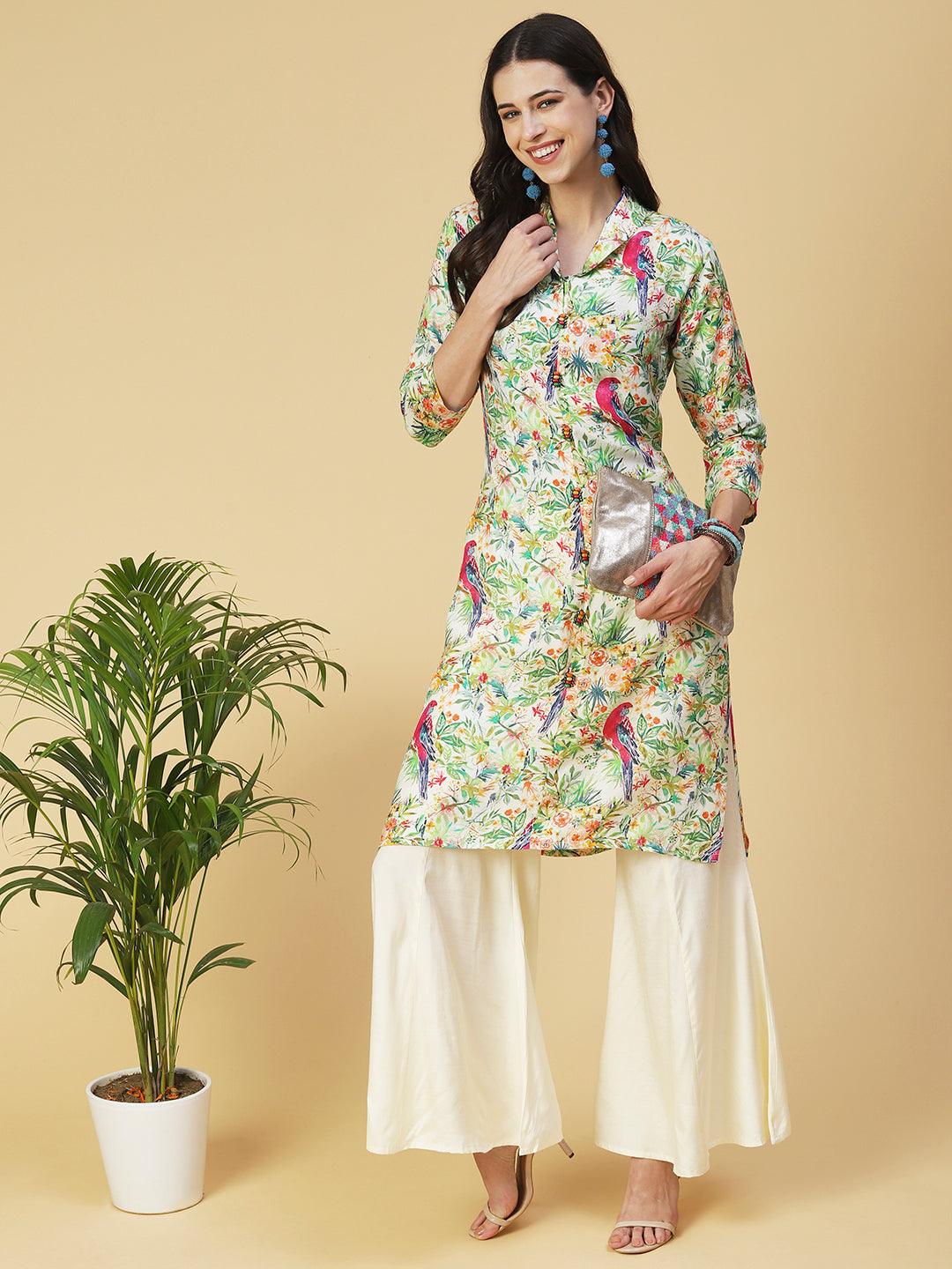 Floral & Bird Printed Kurta With Palazzo - Multi - Indiakreations