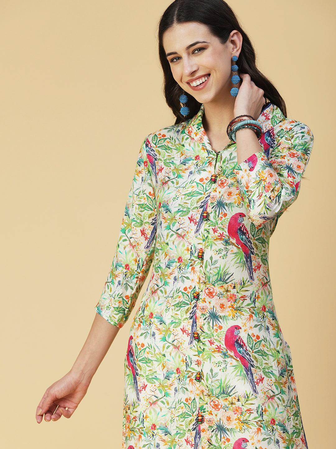 Floral & Bird Printed Kurta With Palazzo - Multi - Indiakreations