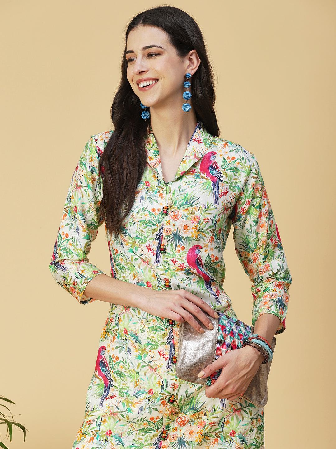 Floral & Bird Printed Kurta With Palazzo - Multi - Indiakreations