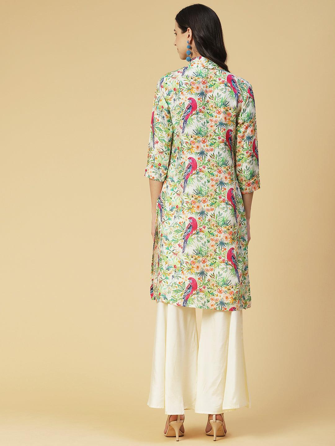 Floral & Bird Printed Kurta With Palazzo - Multi - Indiakreations