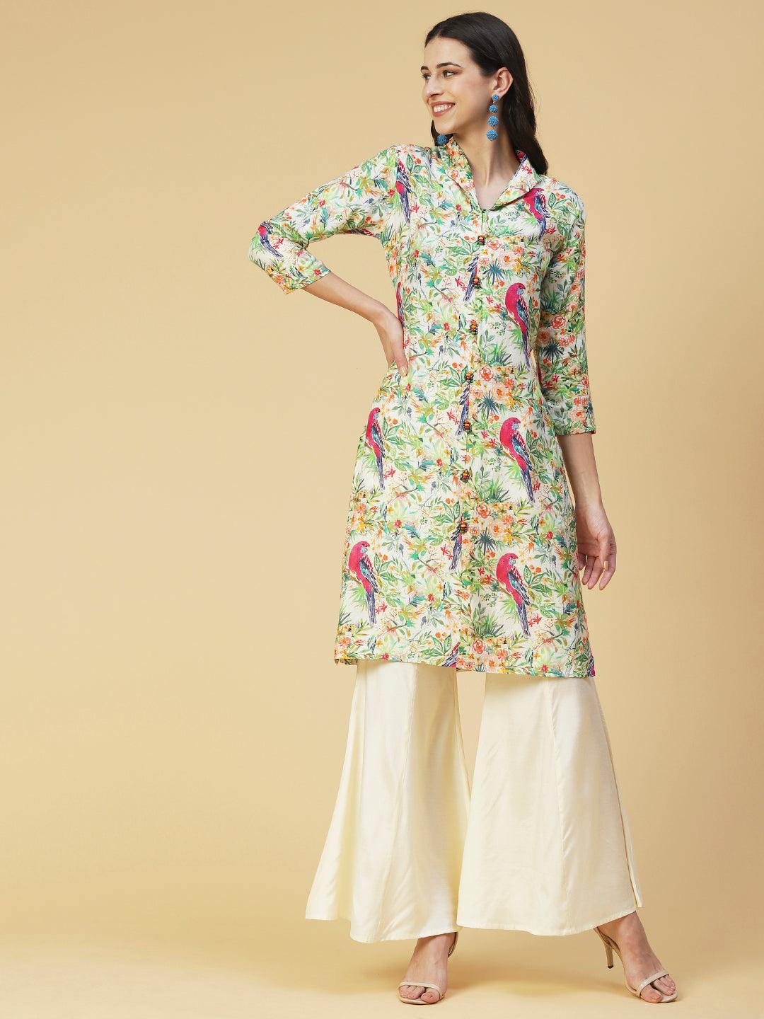 Floral & Bird Printed Kurta With Palazzo - Multi - Indiakreations