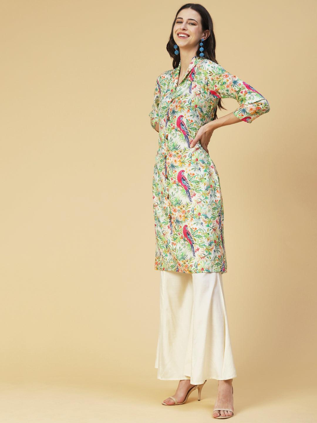 Floral & Bird Printed Kurta With Palazzo - Multi - Indiakreations