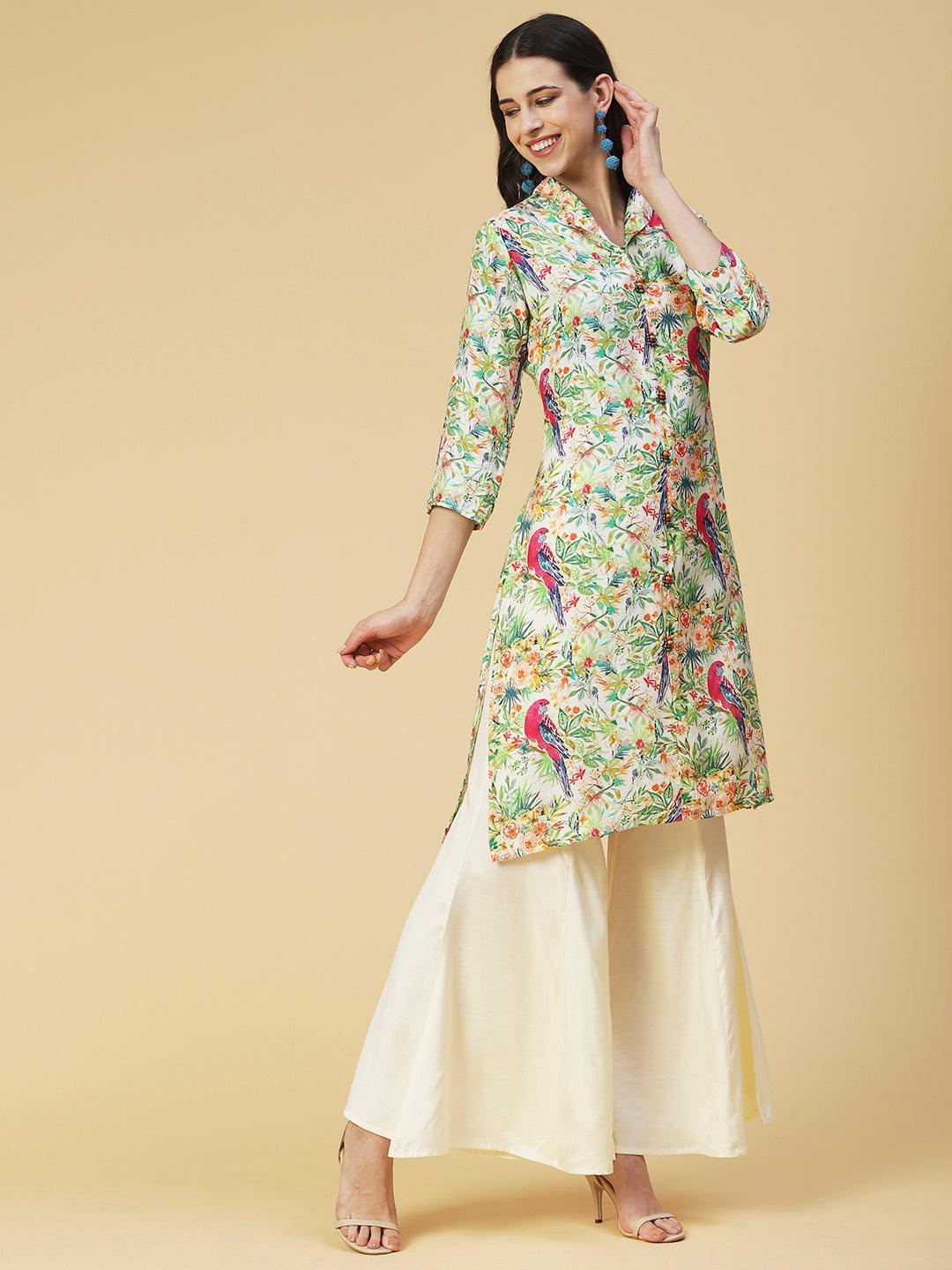 Floral & Bird Printed Kurta With Palazzo - Multi - Indiakreations