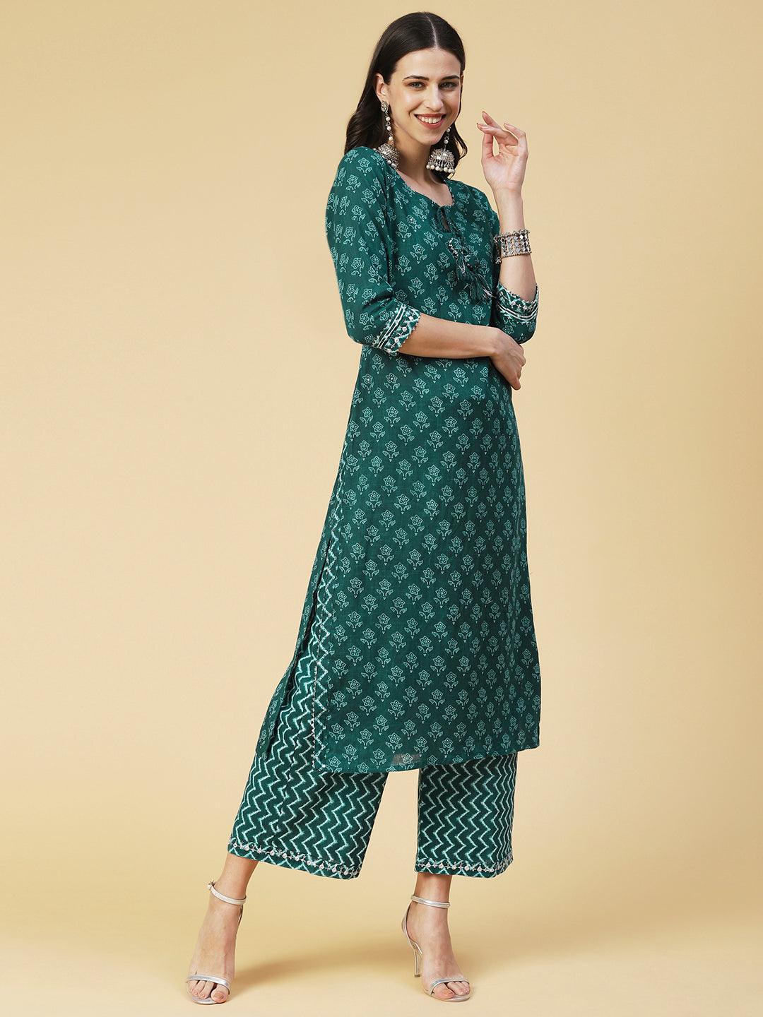 Bandhani Printed Mirror Embroidered Kurta With Printed Pants - Green - Indiakreations