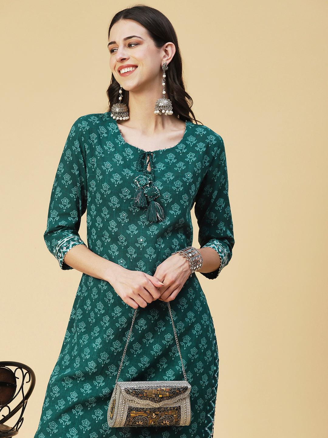 Bandhani Printed Mirror Embroidered Kurta With Printed Pants - Green - Indiakreations