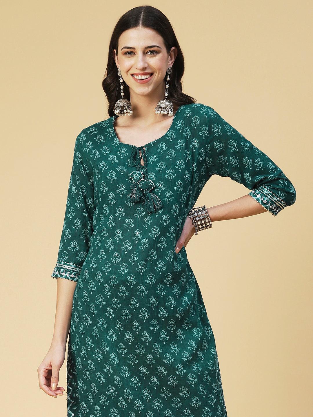 Bandhani Printed Mirror Embroidered Kurta With Printed Pants - Green - Indiakreations