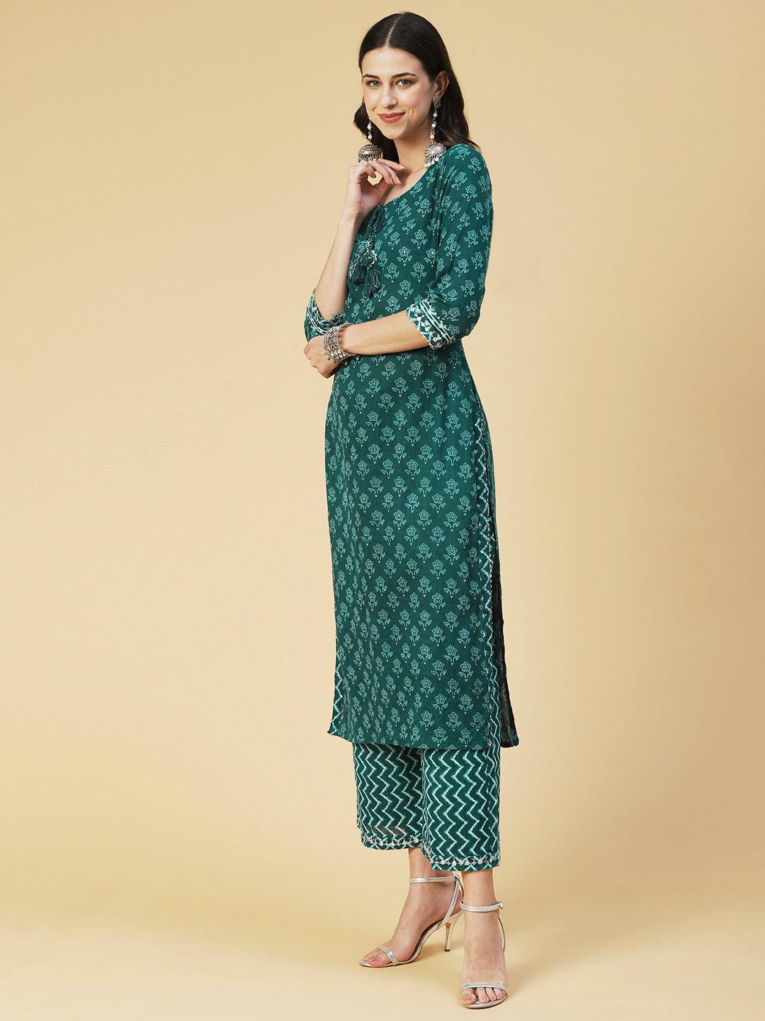 Bandhani Printed Mirror Embroidered Kurta With Printed Pants - Green - Indiakreations