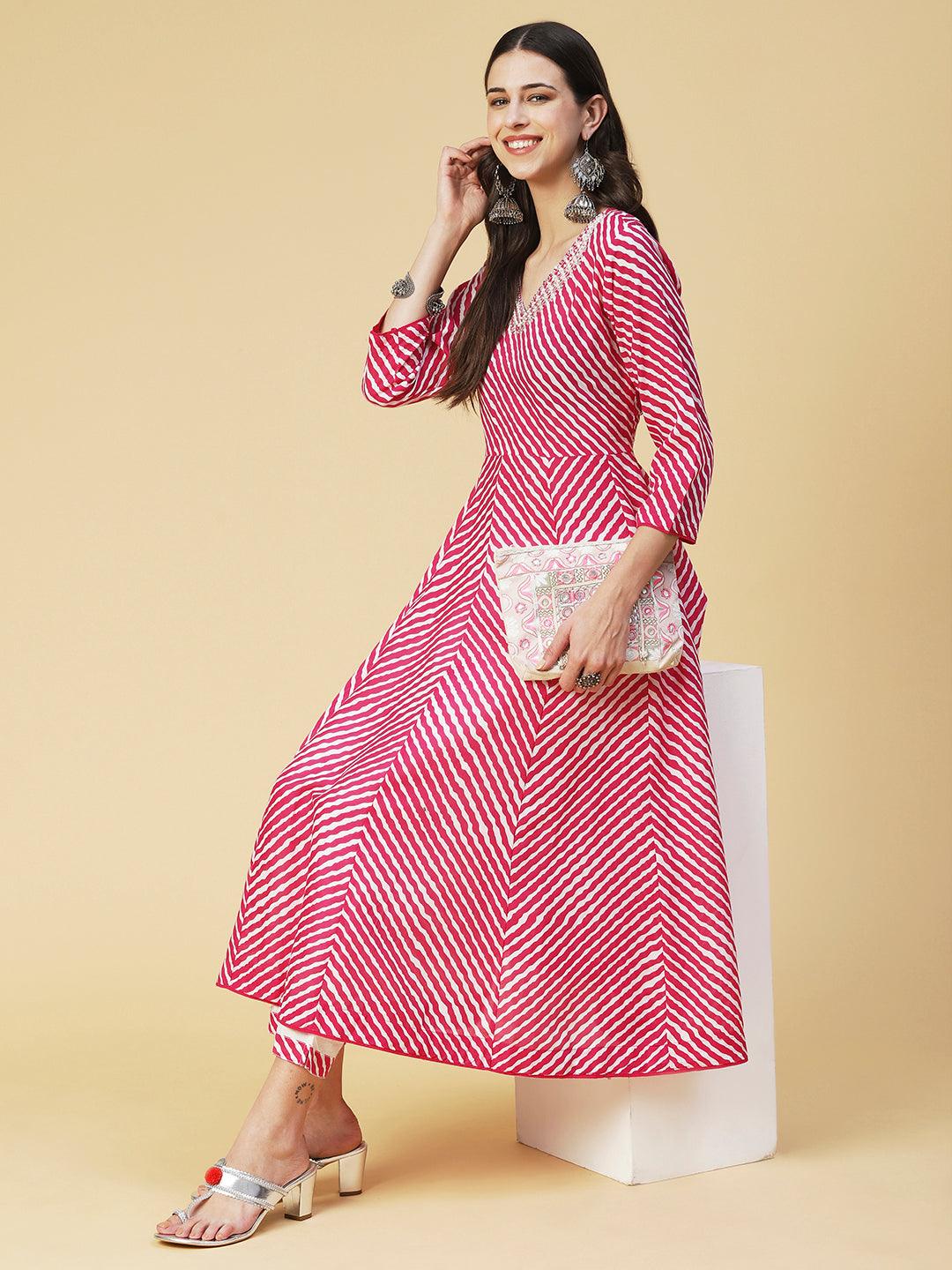 Lehriya Printed & Embroidered Anarkali Kurta With Pants - Magenta - Indiakreations