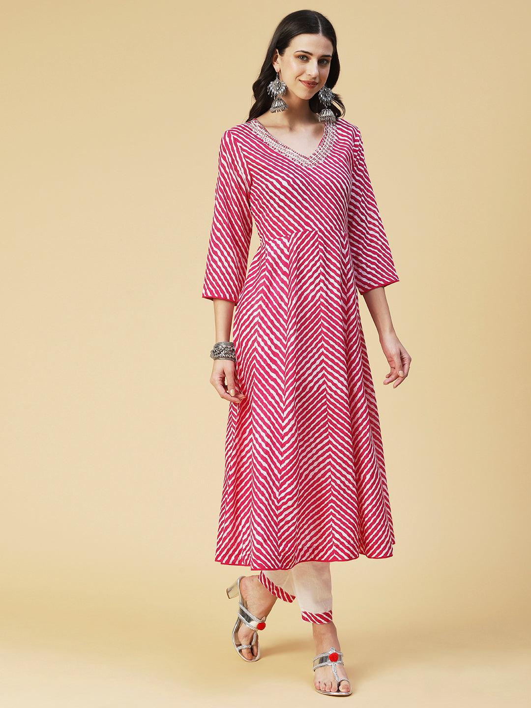 Lehriya Printed & Embroidered Anarkali Kurta With Pants - Magenta - Indiakreations