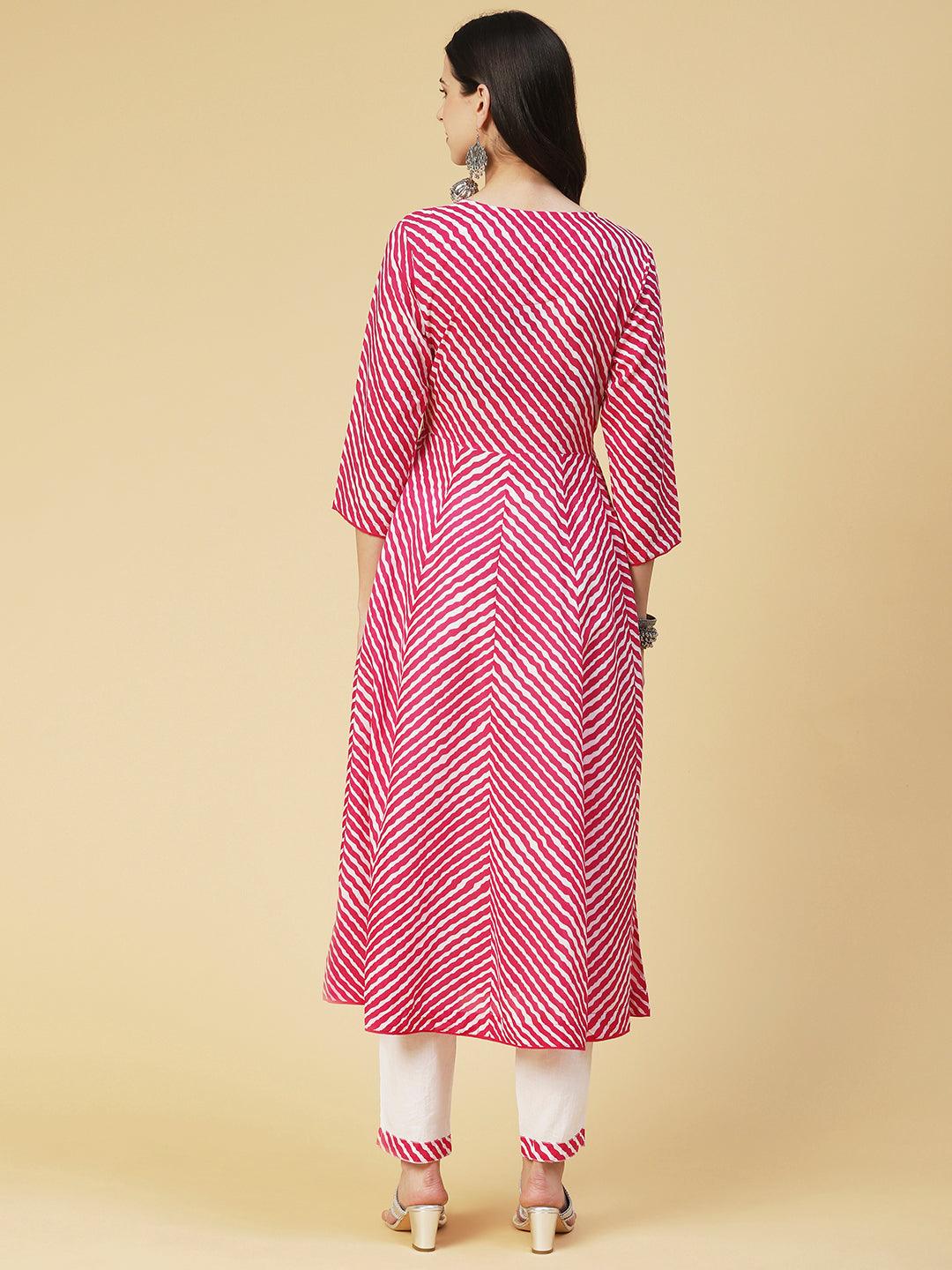 Lehriya Printed & Embroidered Anarkali Kurta With Pants - Magenta - Indiakreations