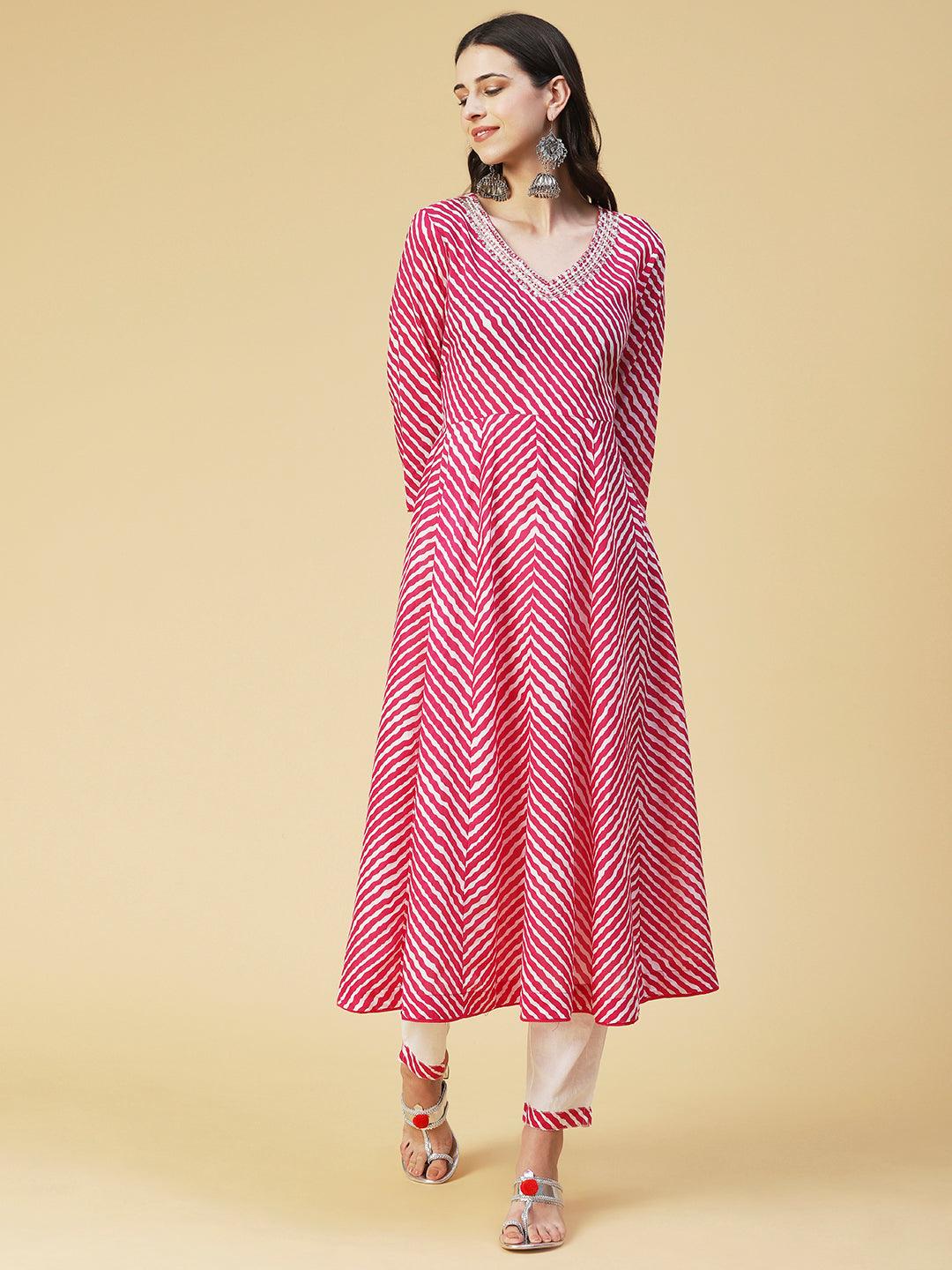 Lehriya Printed & Embroidered Anarkali Kurta With Pants - Magenta - Indiakreations