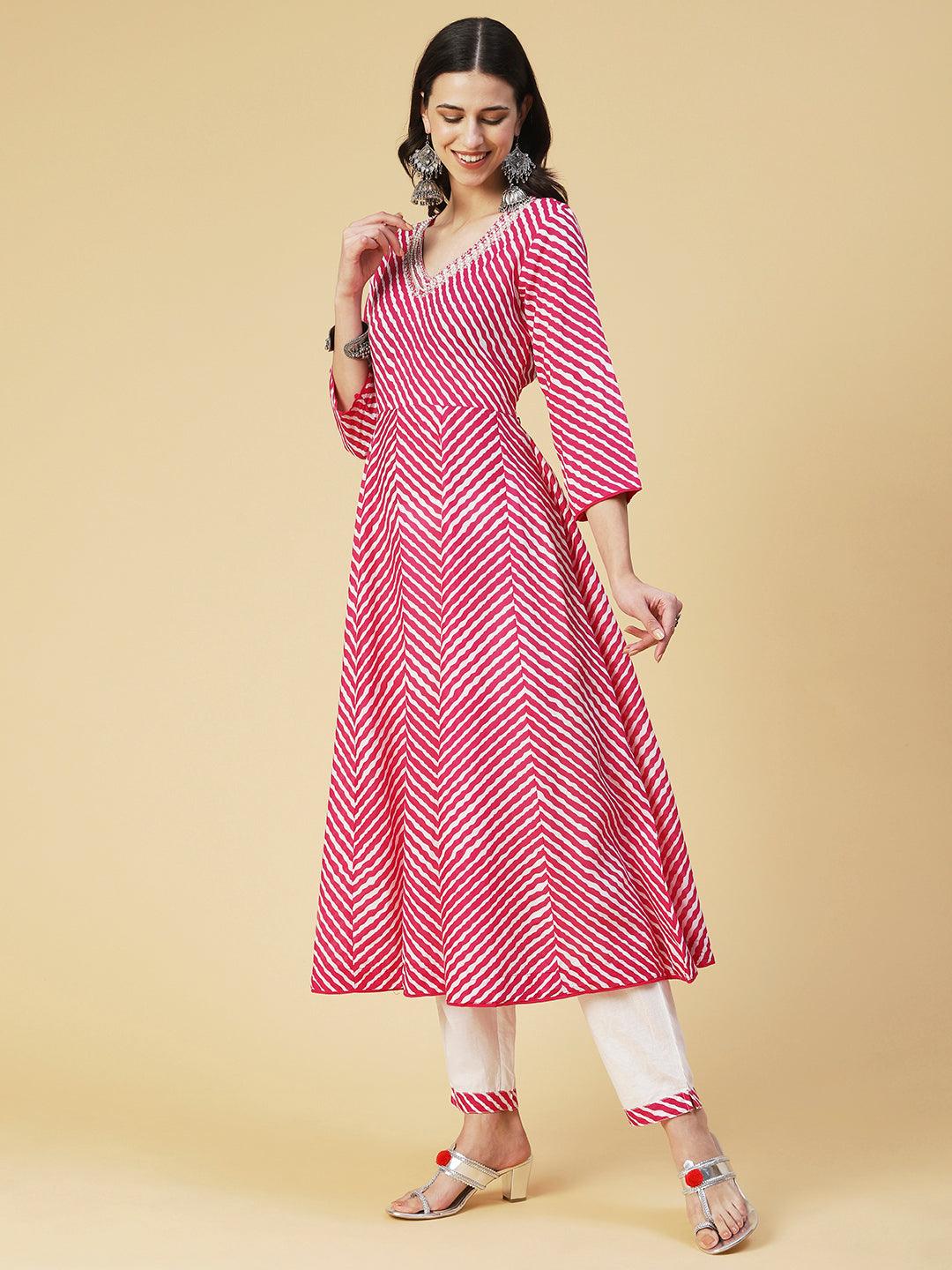 Lehriya Printed & Embroidered Anarkali Kurta With Pants - Magenta - Indiakreations