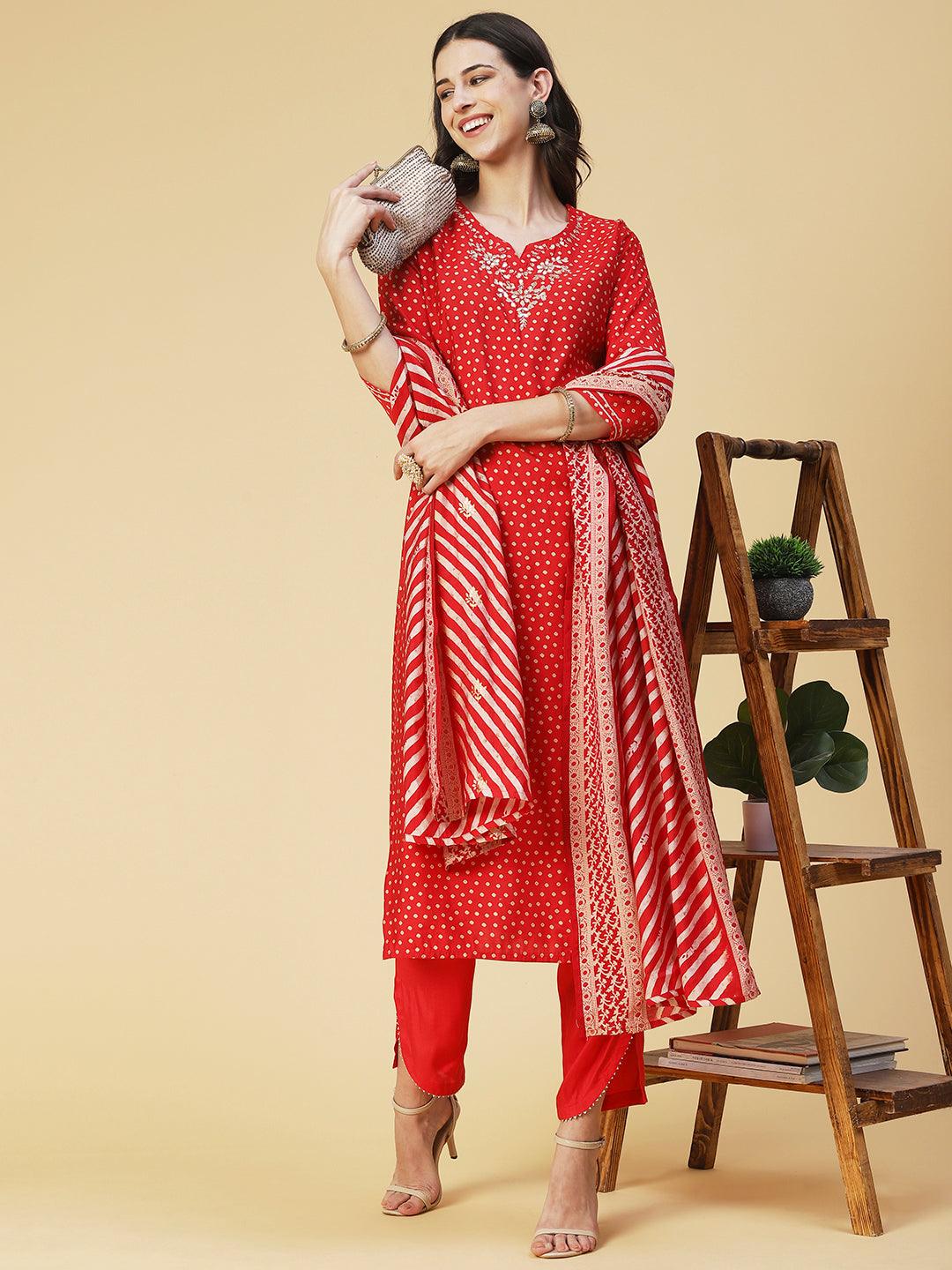 Bandhani Printed Gotapatti Embroidered Kurta With Pants & Printed Dupatta - Fuchsia - Indiakreations