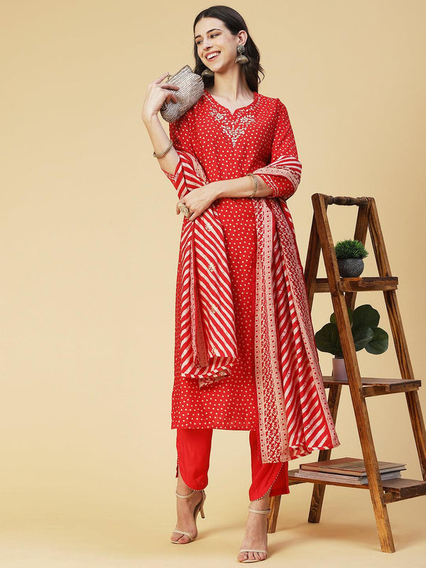 Bandhani Printed Gotapatti Embroidered Kurta With Pants & Printed Dupatta - Fuchsia - Indiakreations